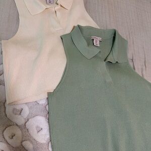 Sincerely Jules Collared Tops in Cream and Green Set of 2